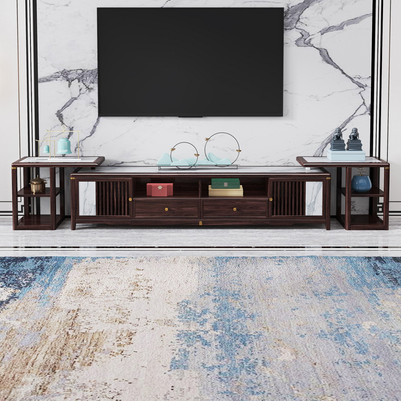 新中式家具 胡桃木实木岩板带伸缩电视柜茶几组合 新中式家具 胡桃木实木岩板带伸缩电视柜茶几组合