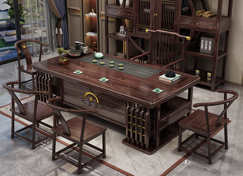 新中式实木喝茶桌椅组合金花梨木办公泡茶台烧水壶嵌入式功夫茶几 新中式实木喝茶桌椅组合金花梨木办公泡茶台烧水壶嵌入式功夫茶几