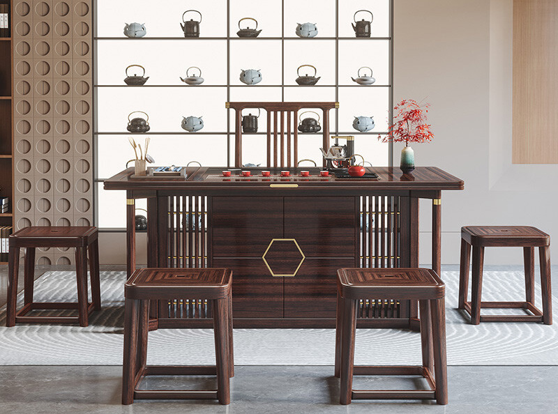 新中式乌金木茶桌椅组合禅意现代简约家用实木茶台烧水壶一体套装 新中式乌金木茶桌椅组合禅意现代简约家用实木茶台烧水壶一体套装